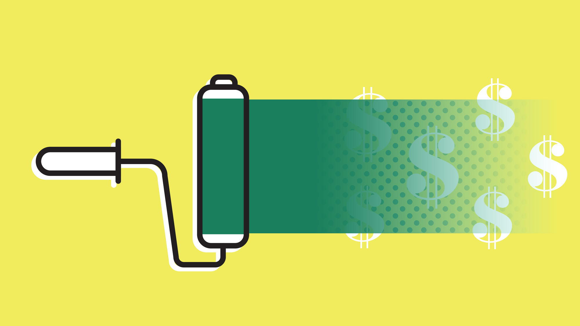 A yellow background and a paint roller painting green paint over dollar signs.