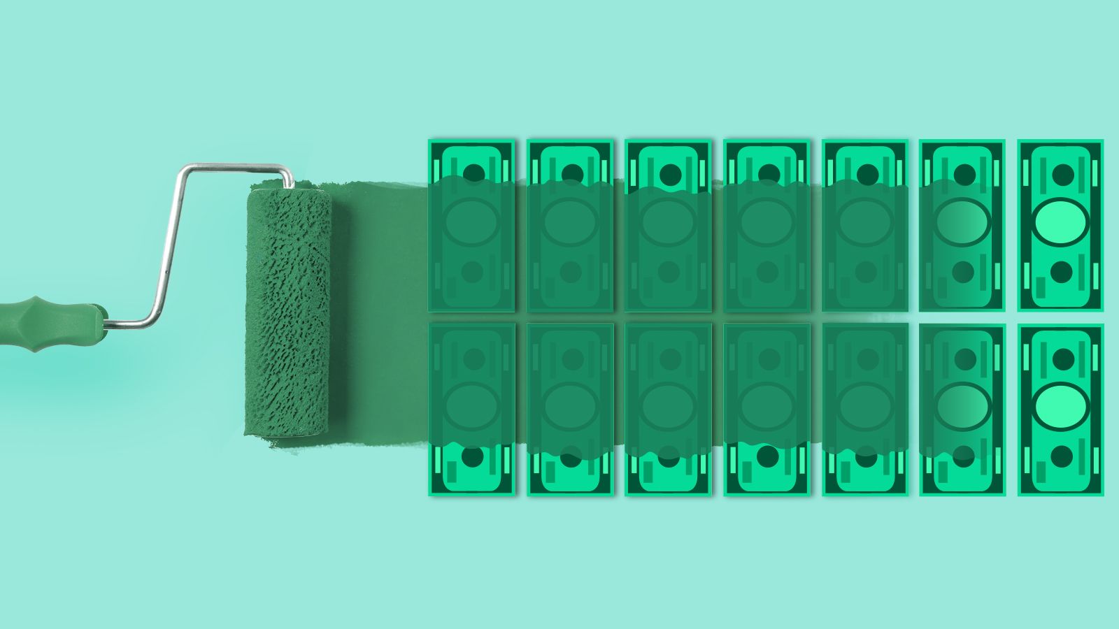 Graphic of paint roller rolling green paint over dollar bills