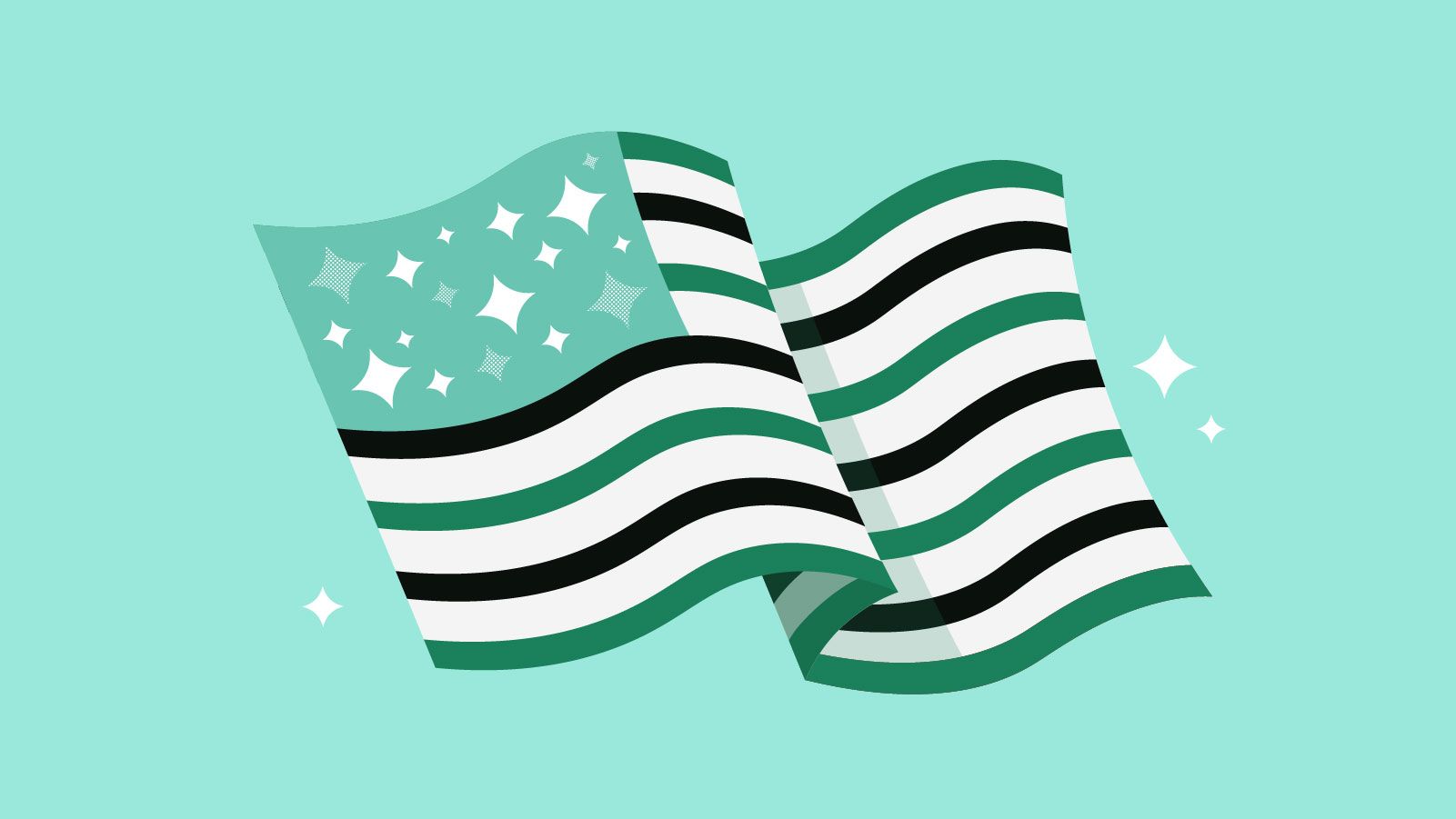 Graphic of the American flag with a green field of green and white stars with green, white and black stripes.