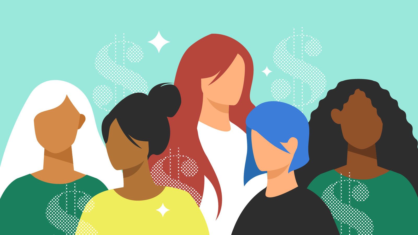 Graphic of women with green background and dollar signs interspersed.