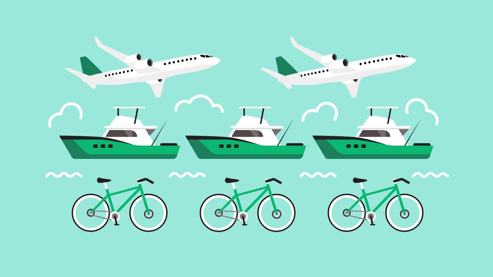 Graphic of planes, boats and bicycles. 